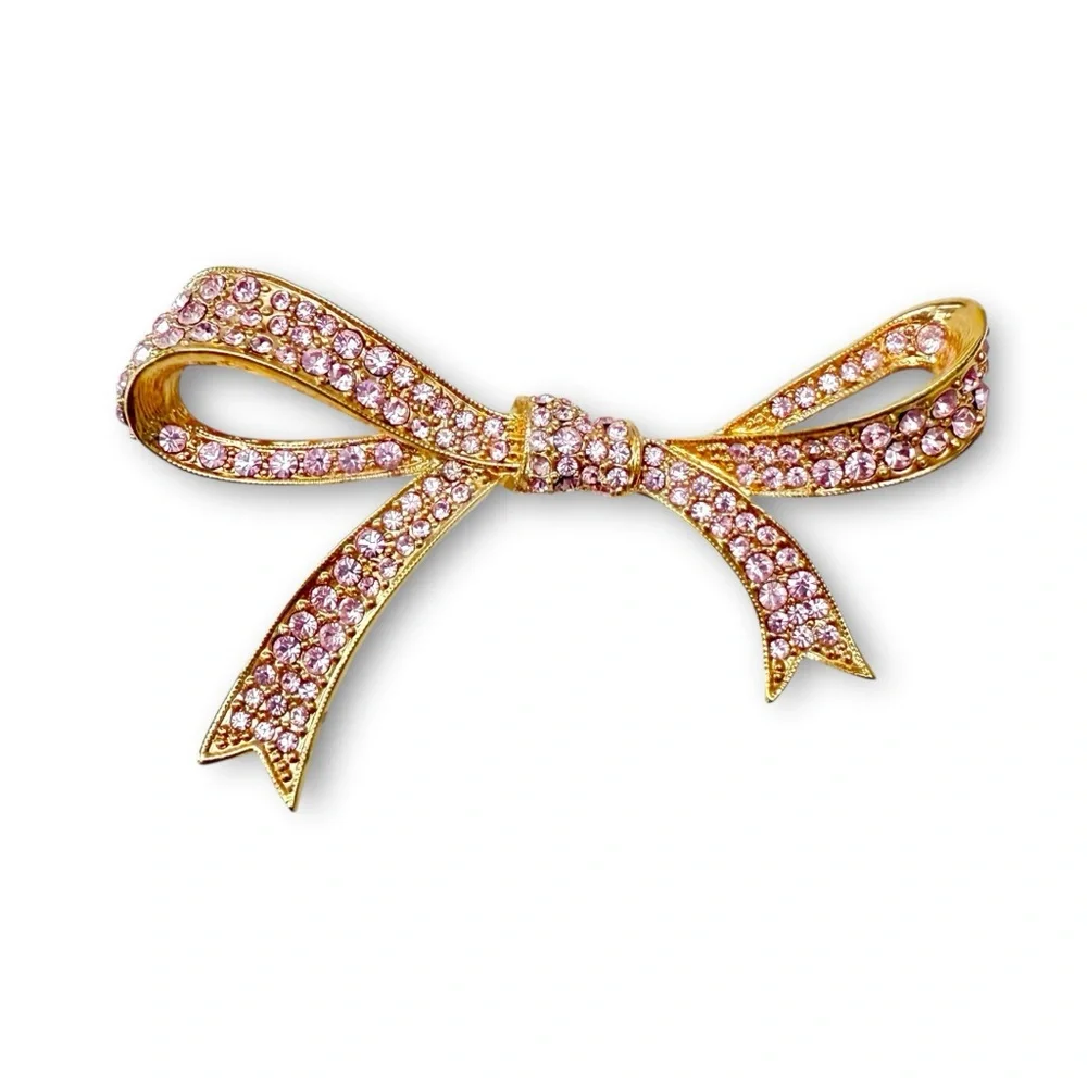 Kenneth Jay Lane KJL Pink Rhinestone Ribbon Bow Goldtone Brooch Pin
